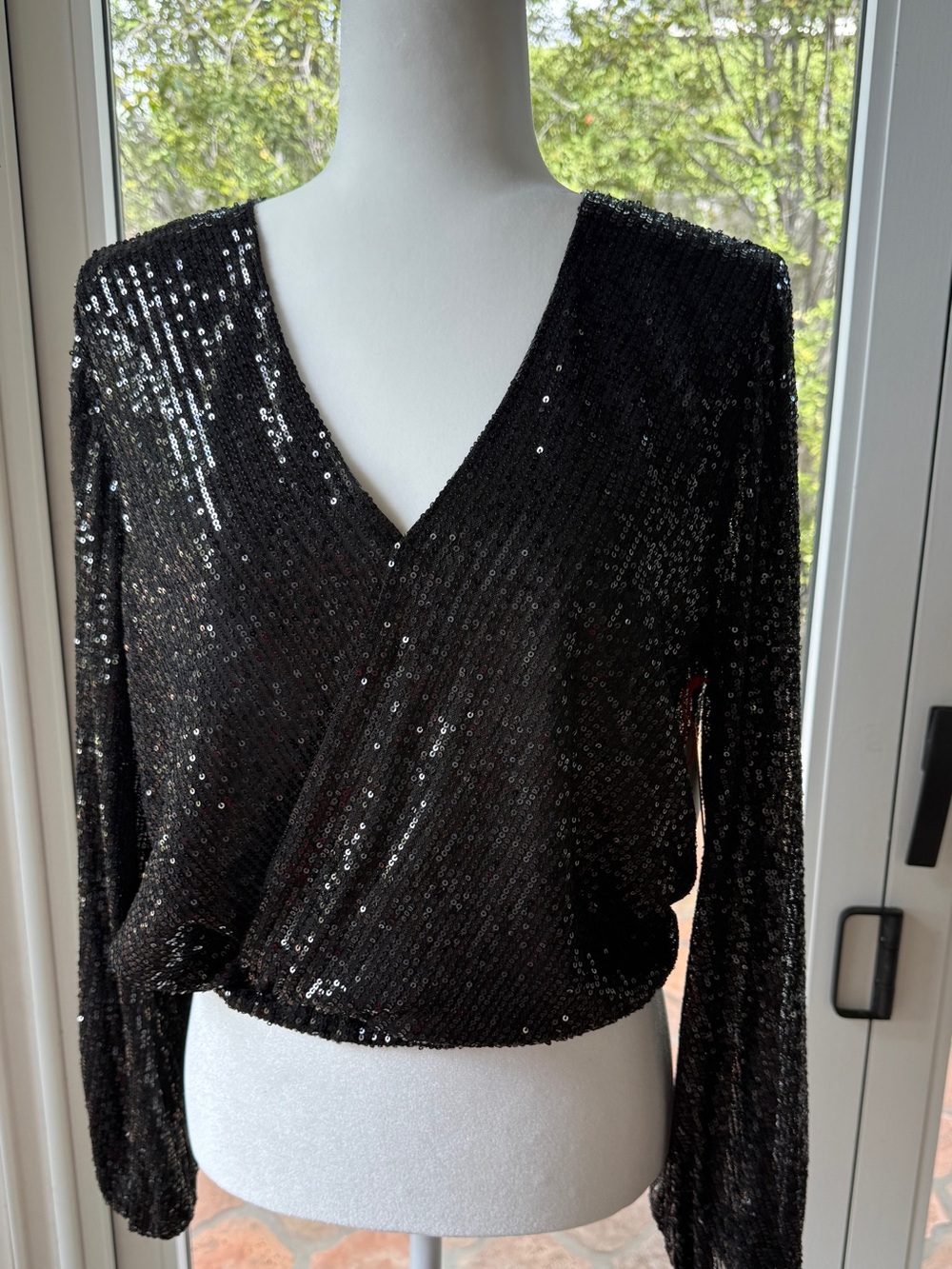 Black Sequin V-Neck Long Sleeve Wrap Top